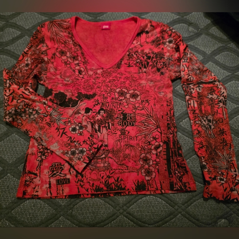 Glima ZEN LOVE Oriental Japanese Ispired VINTAGE Long Sleeve V Neck Top Bamboo